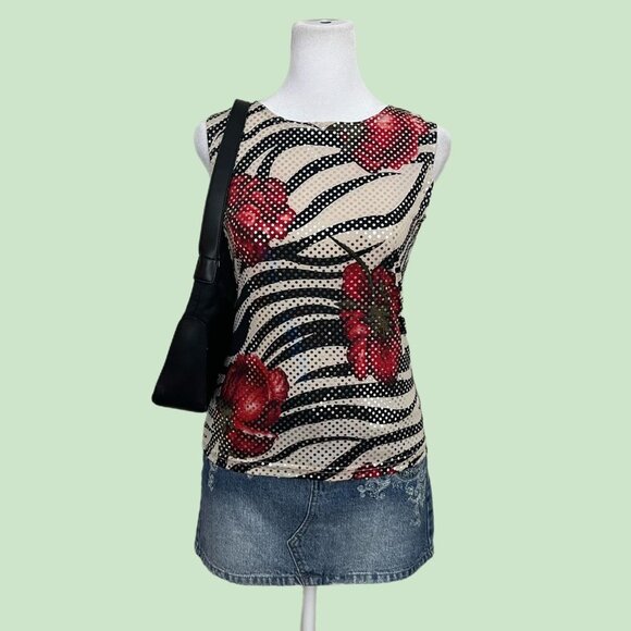 cream floral zebra print sequin y2k sleeveless top going out quirky downtown it - Picture 1 of 8
